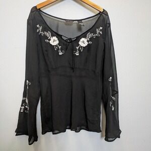Black Sheer Babydoll Blouse Large White Floral Embroidery Bell Sleeves Fairy